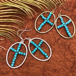 🌼 Turquoise Bead Cross Oval Dangle Earrings